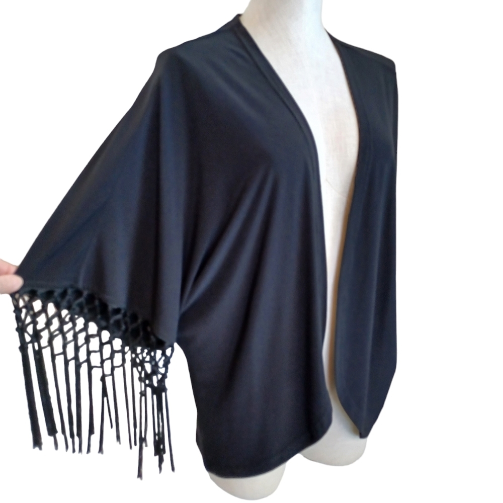 Joseph Ribkoff Cardigan‎ Black Open Front Topper Fringe Detail Womens 8